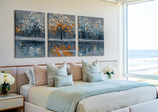 Autumn Reflection Trees Canvas Wall Art – Modern Abstract Lake Landscape – Single & 3 Panel Canvas – AI PRINT LAB