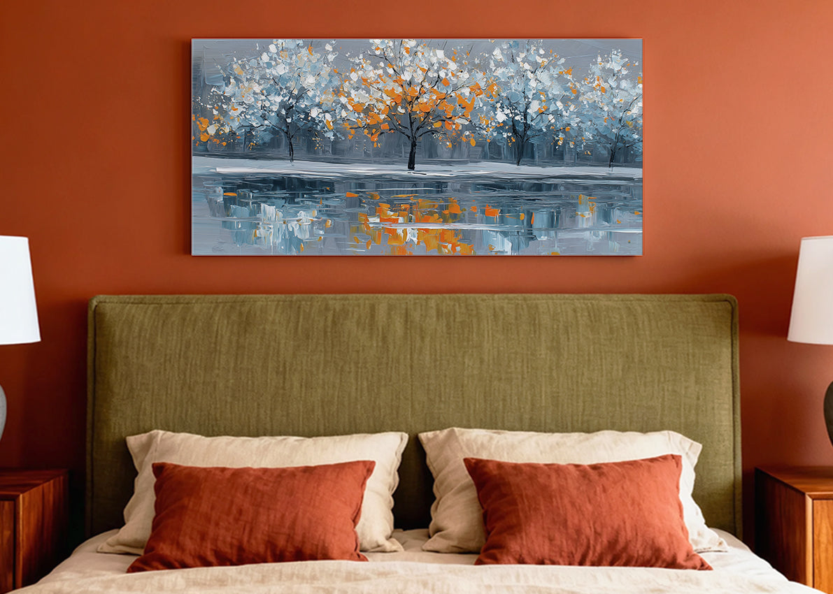 Autumn Reflection Trees Canvas Wall Art – Modern Abstract Lake Landscape – Single & 3 Panel Canvas – AI PRINT LAB