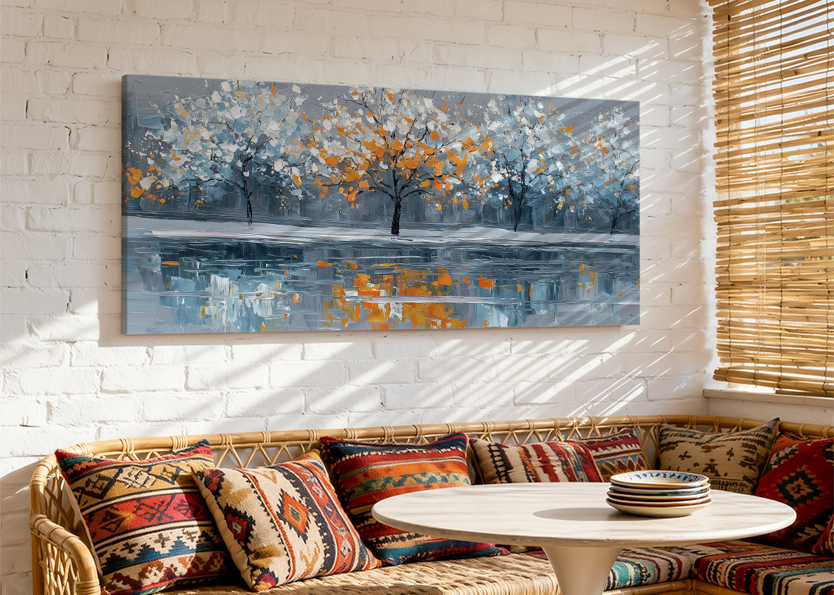 Autumn Reflection Trees Canvas Wall Art – Modern Abstract Lake Landscape – Single & 3 Panel Canvas – AI PRINT LAB