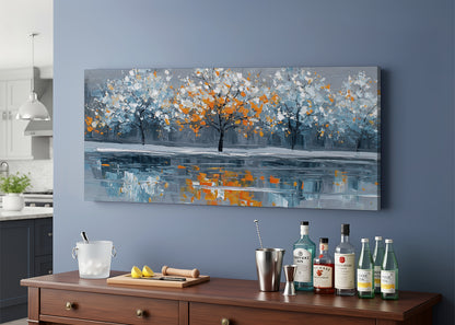 Autumn Reflection Trees Canvas Wall Art – Modern Abstract Lake Landscape – Single & 3 Panel Canvas – AI PRINT LAB
