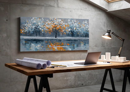 Autumn Reflection Trees Canvas Wall Art – Modern Abstract Lake Landscape – Single & 3 Panel Canvas – AI PRINT LAB
