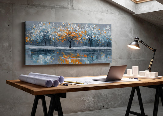 Autumn Reflection Trees Canvas Wall Art – Modern Abstract Lake Landscape – Single & 3 Panel Canvas – AI PRINT LAB