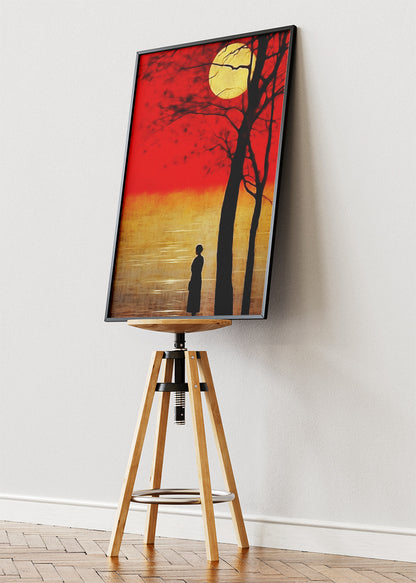 Crimson Moon Silence – Dramatic Sunset Silhouette Canvas & Poster Print – AI PRINT LAB