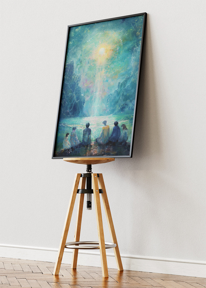 Celestial Light Gathering – Mystical Lake Scene Canvas & Poster Print – AI PRINT LAB