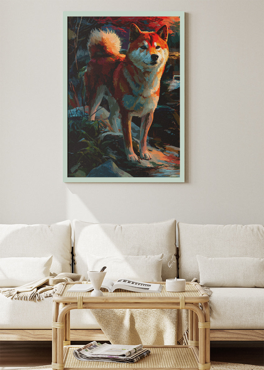 Shiba Inu Forest Sunset Poster & Canvas Print – Vibrant Modern Dog Art