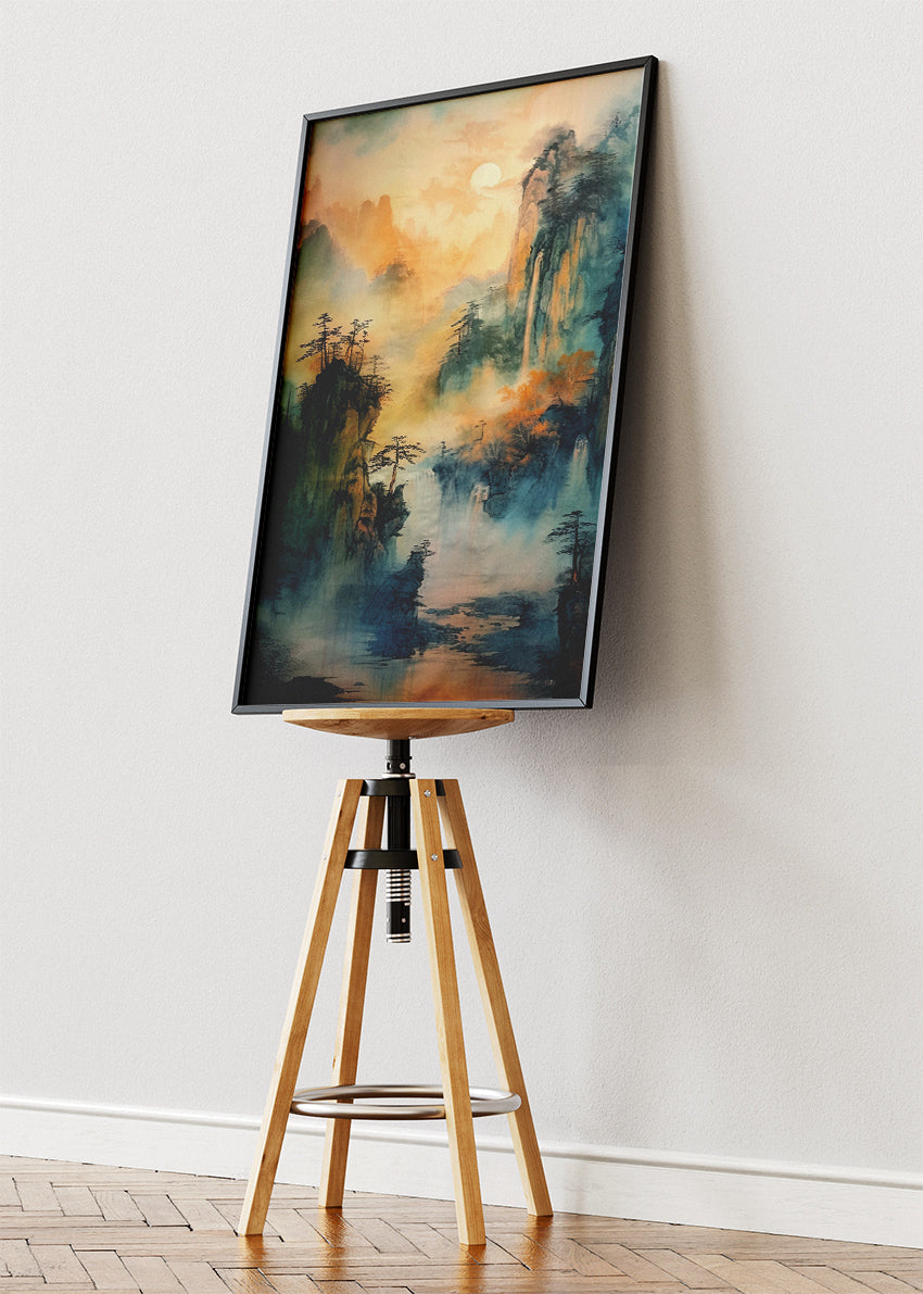 Misty Jade Mountains – Oriental Waterfall Landscape Canvas & Poster Print – AI PRINT LAB