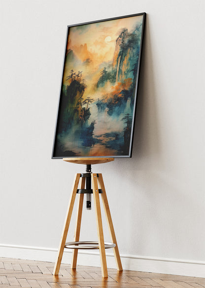 Misty Jade Mountains – Oriental Waterfall Landscape Canvas & Poster Print – AI PRINT LAB