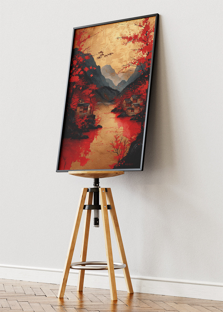 Crimson Autumn Village – Oriental Red River Landscape Canvas & Poster Print – AI PRINT LAB