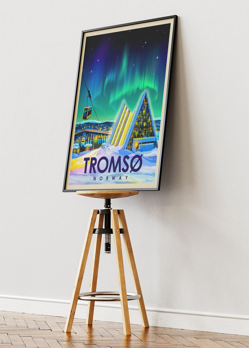 Tromsø Norway Poster & Canvas Print – Illustrated Northern Lights Arctic Cathedral Art