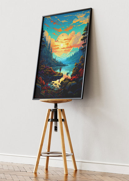 Golden Horizon Reflection – Vibrant Mountain Lake Sunset Canvas & Poster Print – AI PRINT LAB