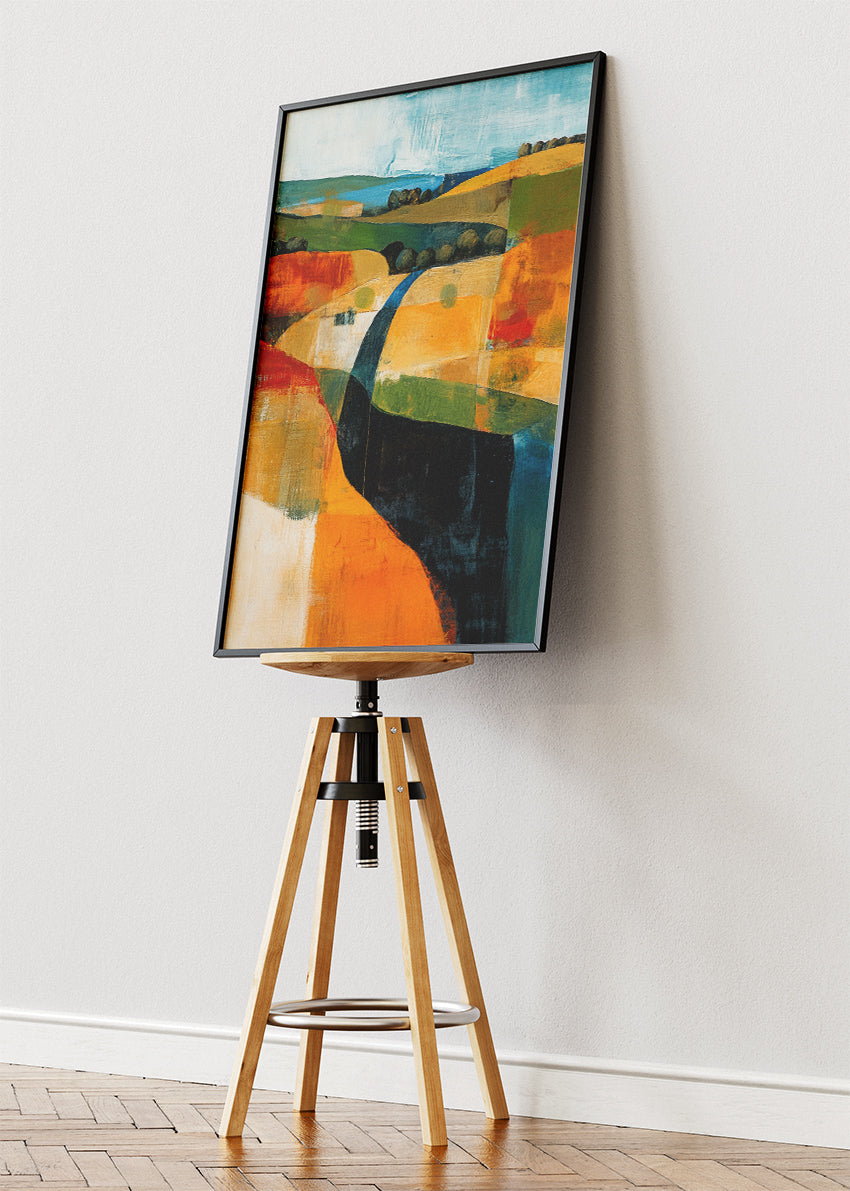 Abstract Patchwork Fields & River – Modern Colour Block Landscape Canvas & Poster Print – AI PRINT LAB