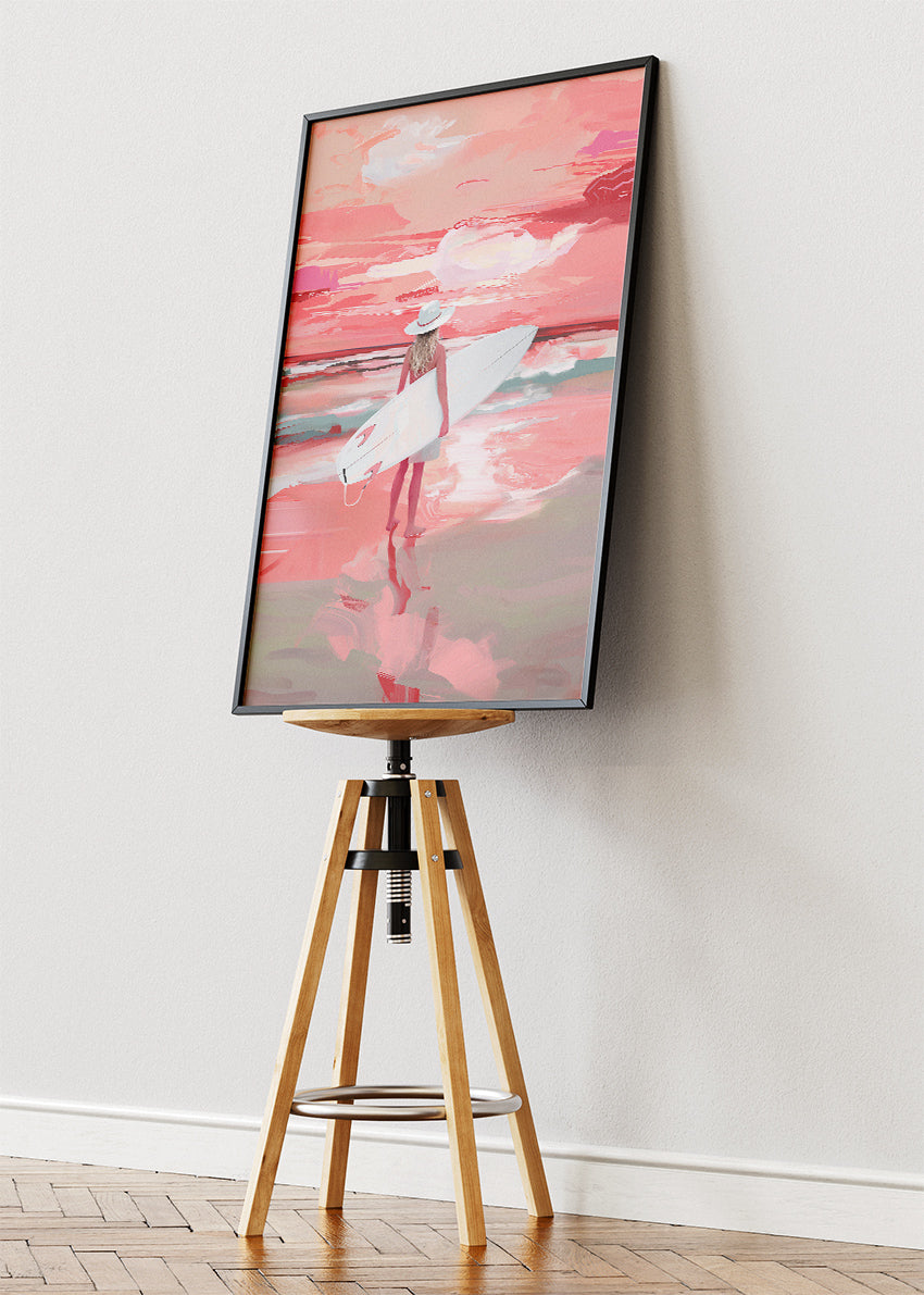 Blush Sunset Surfer – Pink Coastal Beach Canvas & Poster Print – AI PRINT LAB