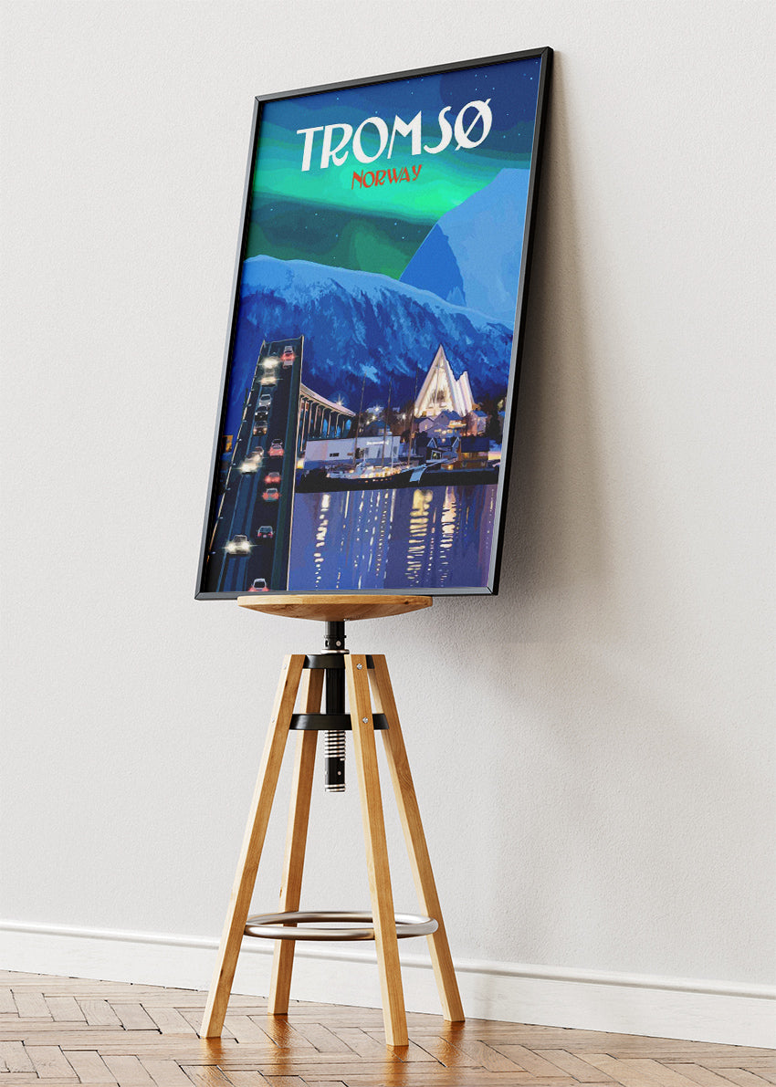 Tromsø Norway Poster & Canvas Print – Modern Illustrated Northern Lights Art