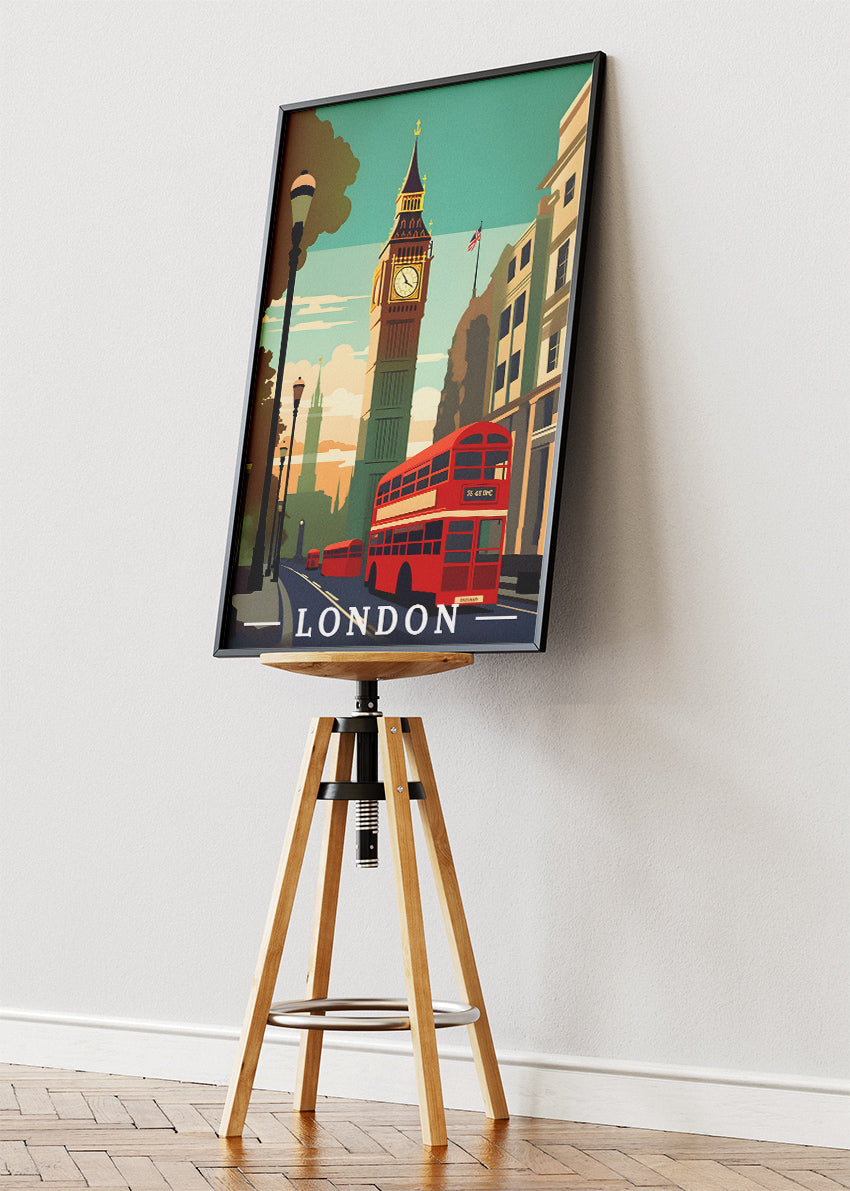 London Big Ben & Red Bus Poster & Canvas Print – Illustrated City Art – A1003