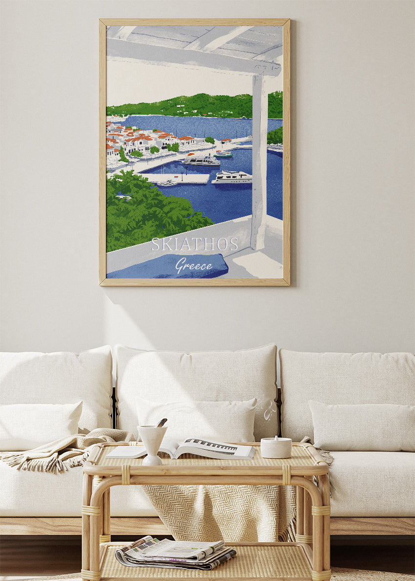 Skiathos Greece Harbour View Poster & Canvas Print – Illustrated Island Art