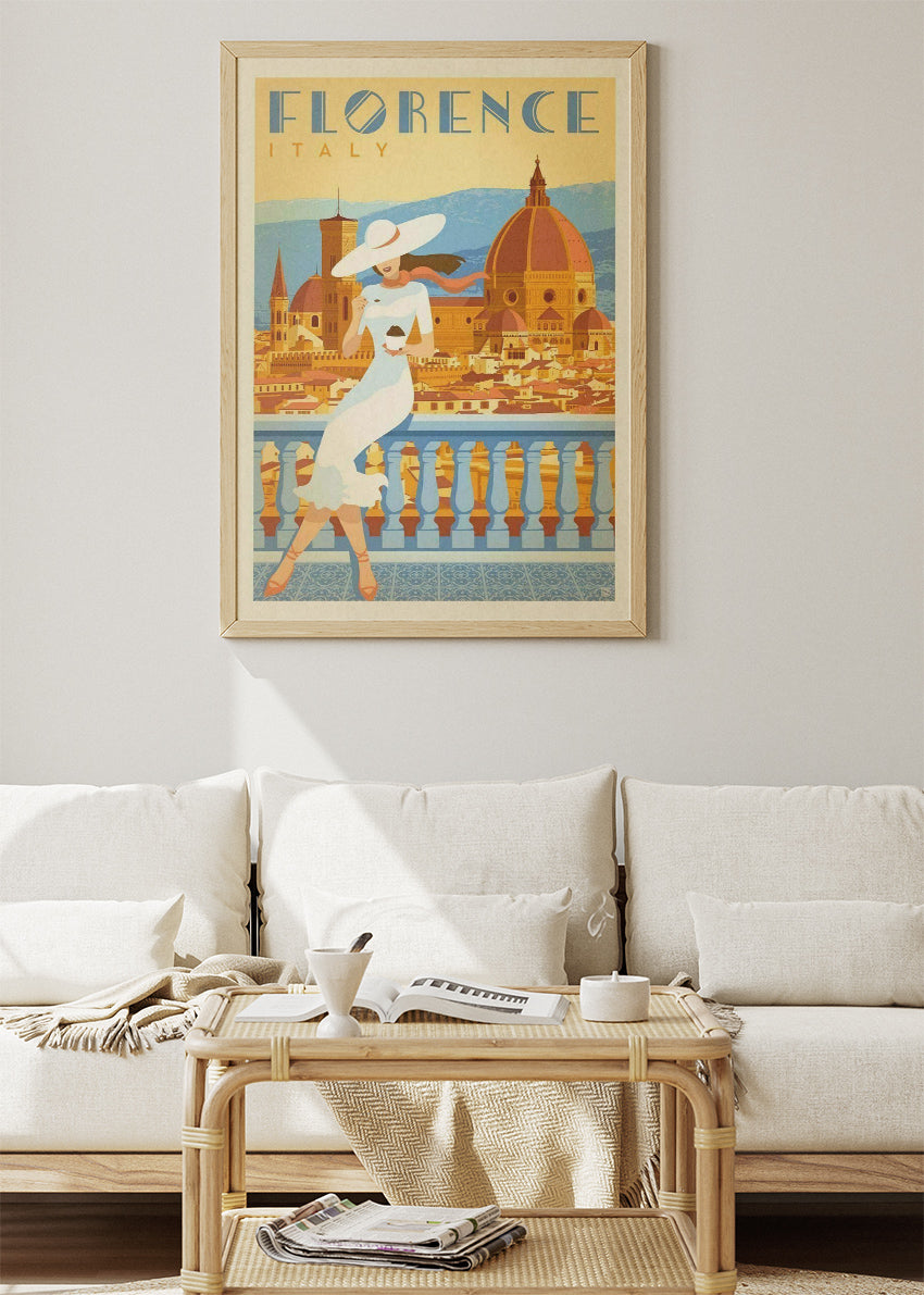 Florence Italy Vintage Travel Poster & Canvas Print – Elegant Woman, Cathedral Duomo View Art