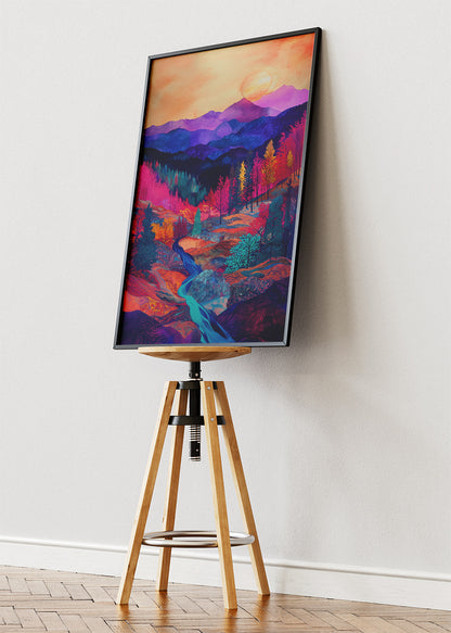 Neon Valley Sunset – Vibrant Mountain Landscape Canvas & Poster Print – AI PRINT LAB