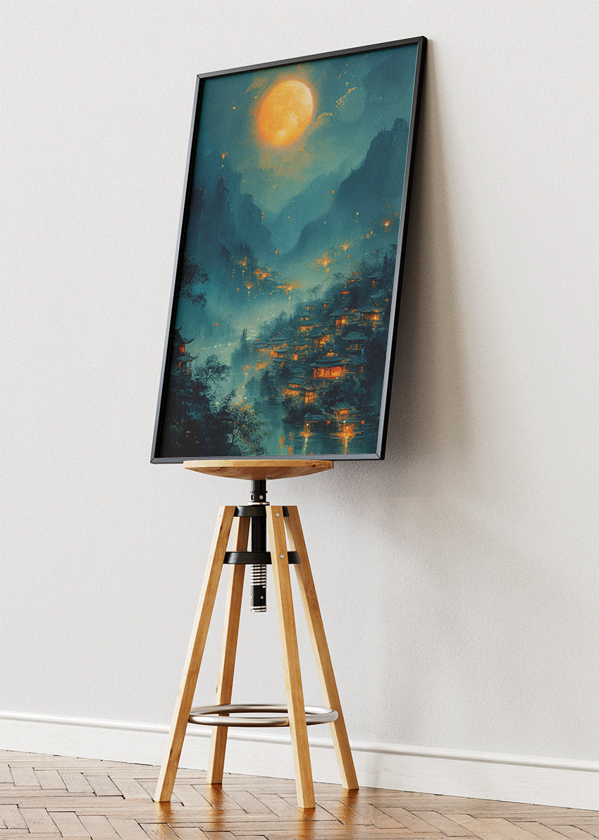 Golden Moonlit Village – Mystical Asian Night Landscape Canvas & Poster Print – AI PRINT LAB