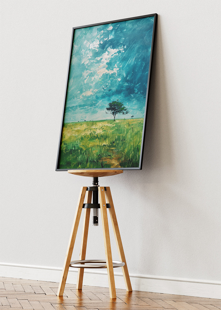 Solitary Tree Under Turquoise Sky – Minimalist Meadow Landscape Canvas & Poster Print – AI PRINT LAB