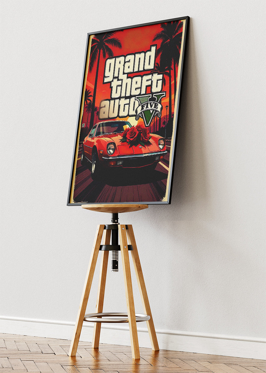 Grand Theft Auto V Wall Art Poster & Canvas – Iconic Sports Car & Sunset Gaming Artwork