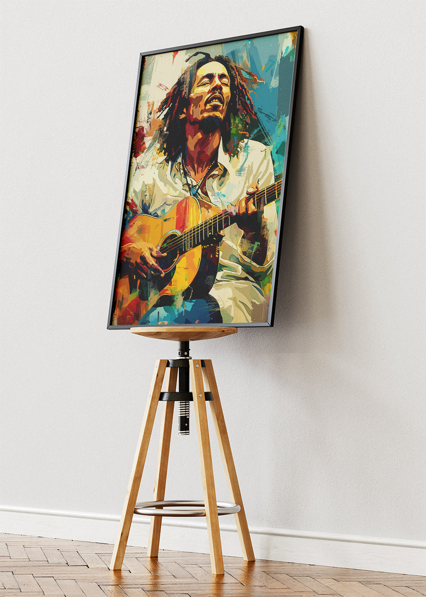 Bob Marley Acoustic Guitar Wall Art Poster & Canvas Print – Reggae Legend Colourful Portrait