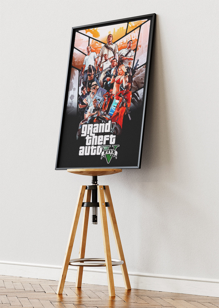 Grand Theft Auto V Wall Art Poster & Canvas – Iconic Character Collage Gaming Artwork