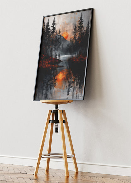 Moody Forest Sunset Reflection – Dark Pine Lake Canvas & Poster Print – AI PRINT LAB