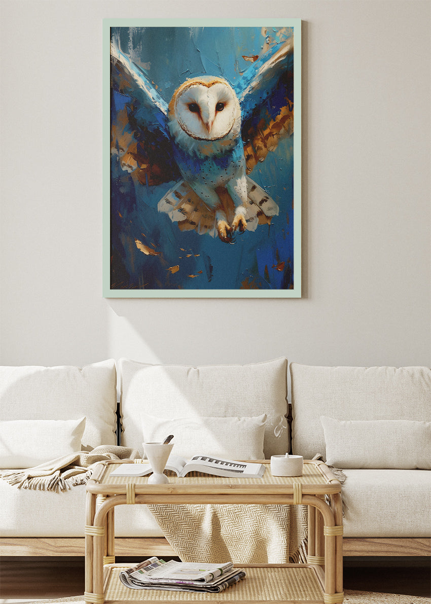 Majestic Barn Owl in Flight Poster & Canvas Print – Blue Wildlife Art Wall Decor