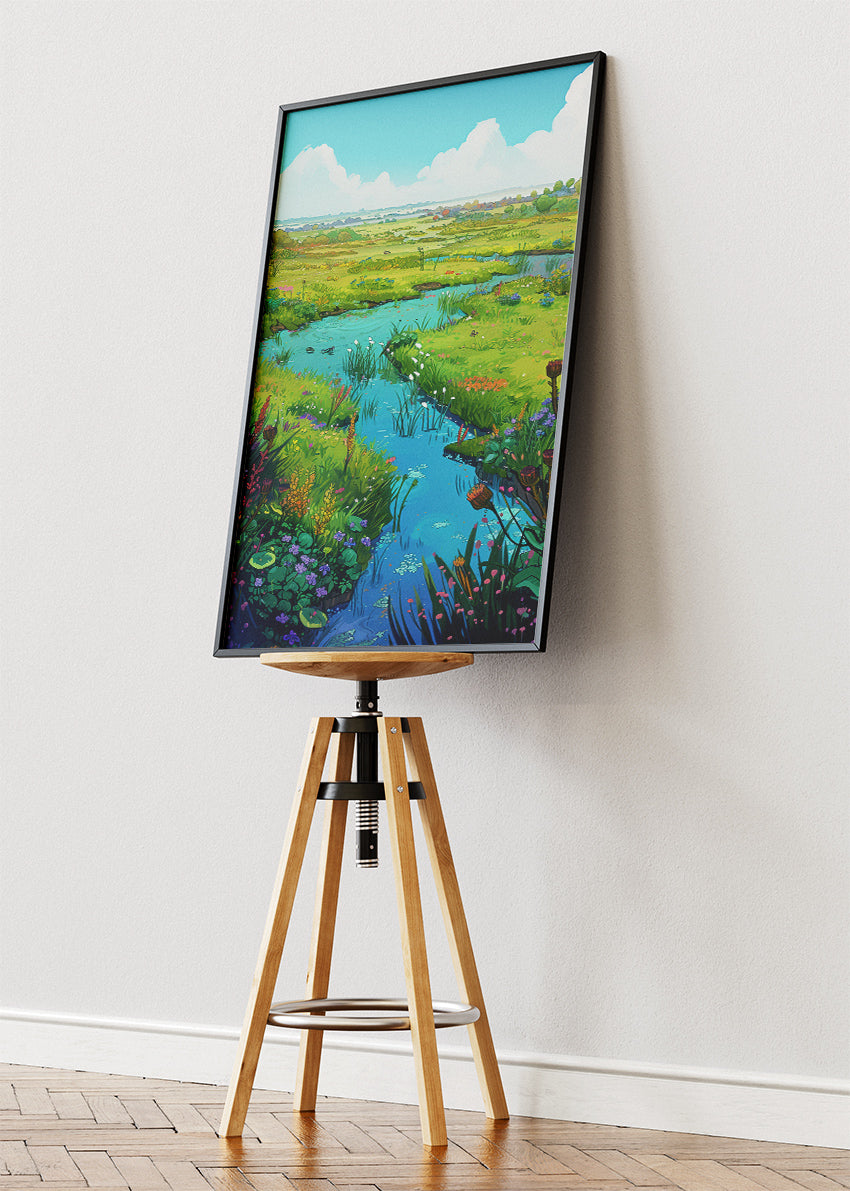 Wildflower Meadow River Landscape – Serene Countryside Canvas & Poster Print – AI PRINT LAB
