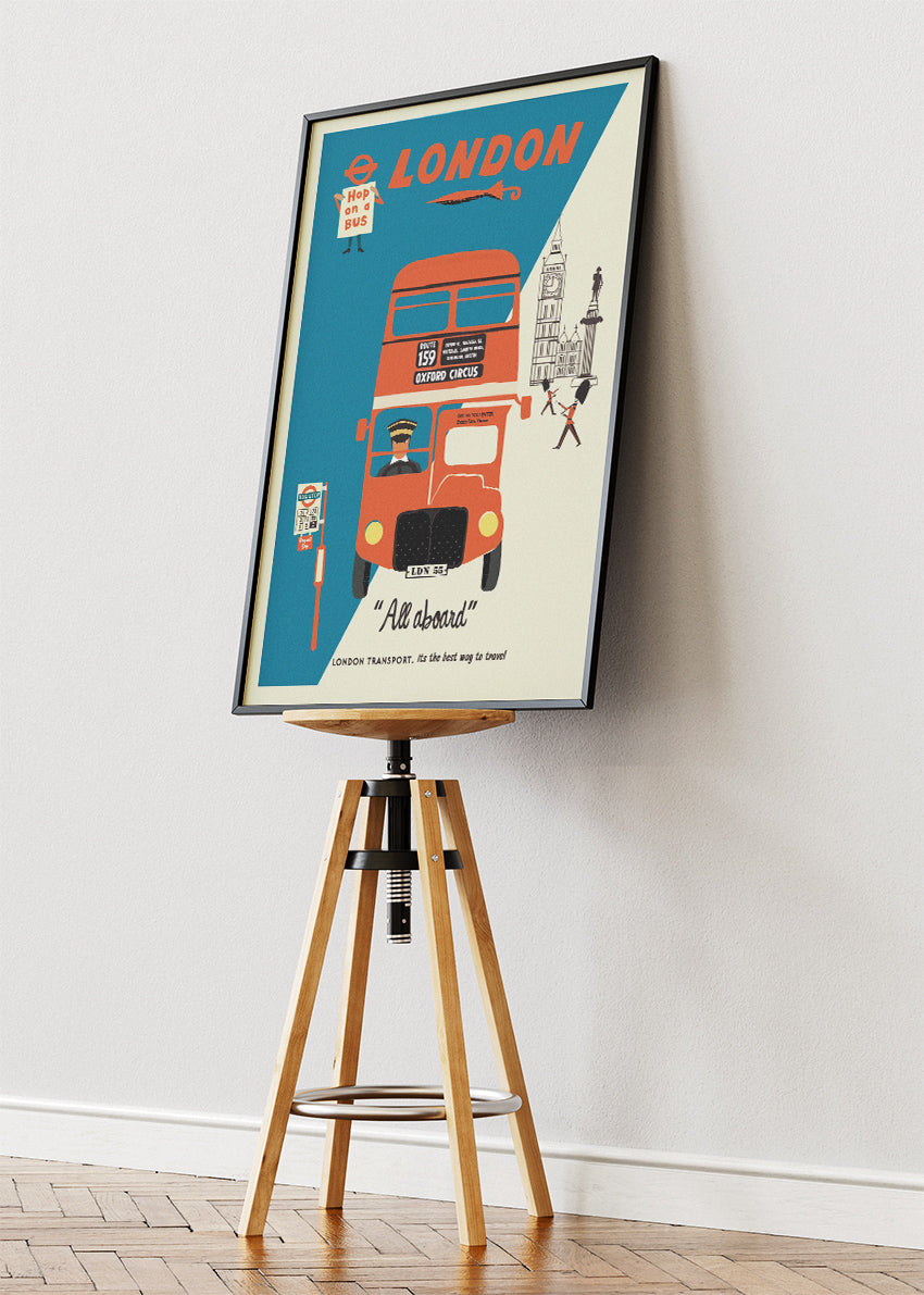 London Retro Bus Travel Poster & Canvas Print – Vintage Illustration Art – A1004