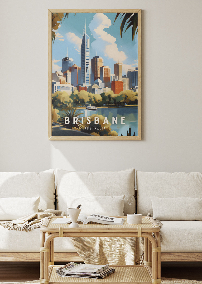 Brisbane Australia Travel Poster & Canvas Wall Art – City Skyline River View Print