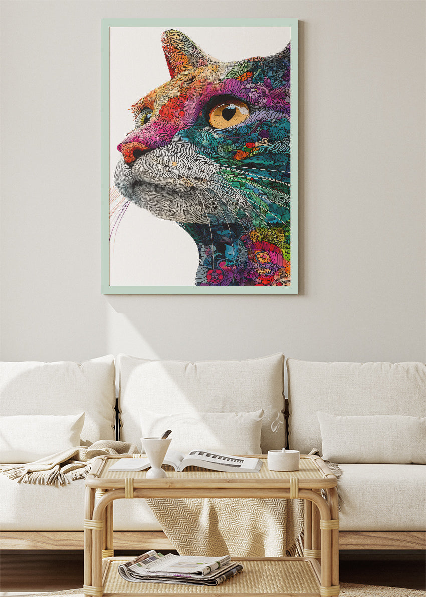 Colourful Cat Portrait Poster & Canvas Print – Modern Line Art Animal Wall Decor
