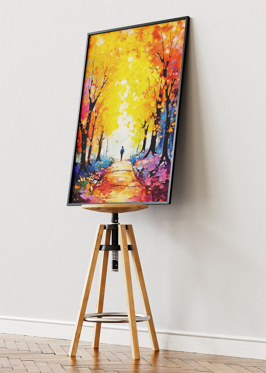 Golden Autumn Forest Path – Vibrant Fall Landscape Canvas & Poster Print – AI PRINT LAB