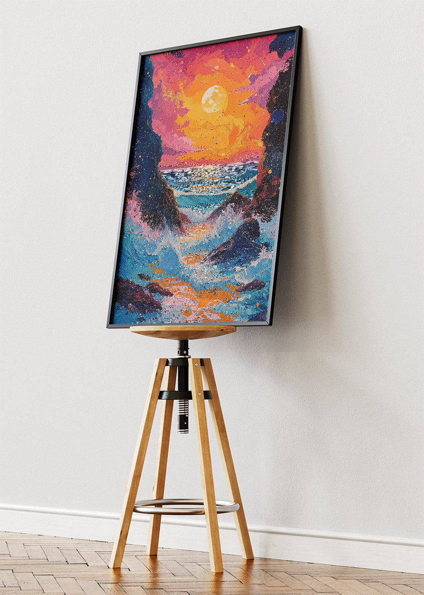 Vibrant Ocean Sunset Between Cliffs – Colorful Seascape Canvas & Poster Print – AI PRINT LAB