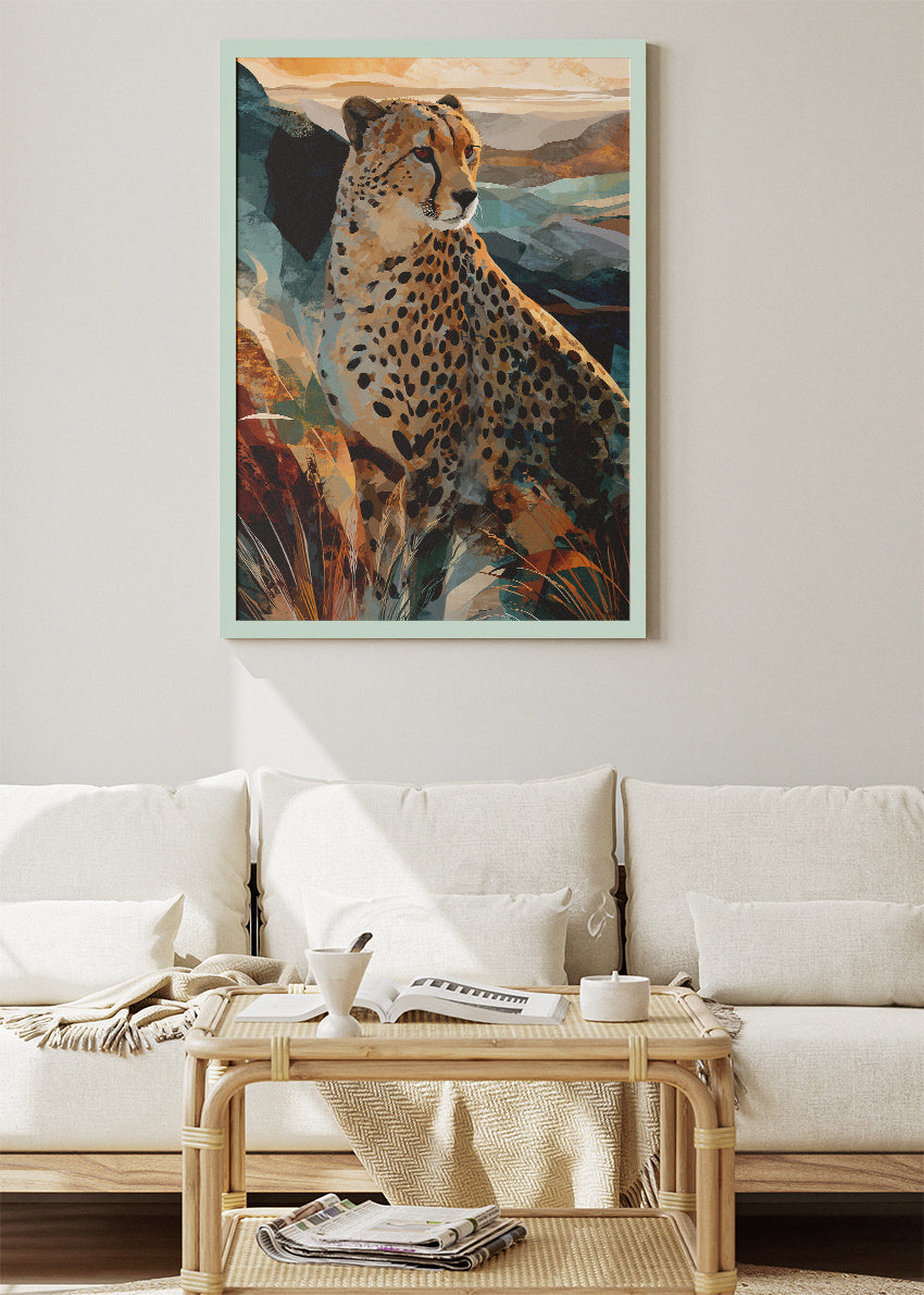 Cheetah Mountain Landscape Wall Art Poster & Canvas Print – Modern Wildlife Illustration