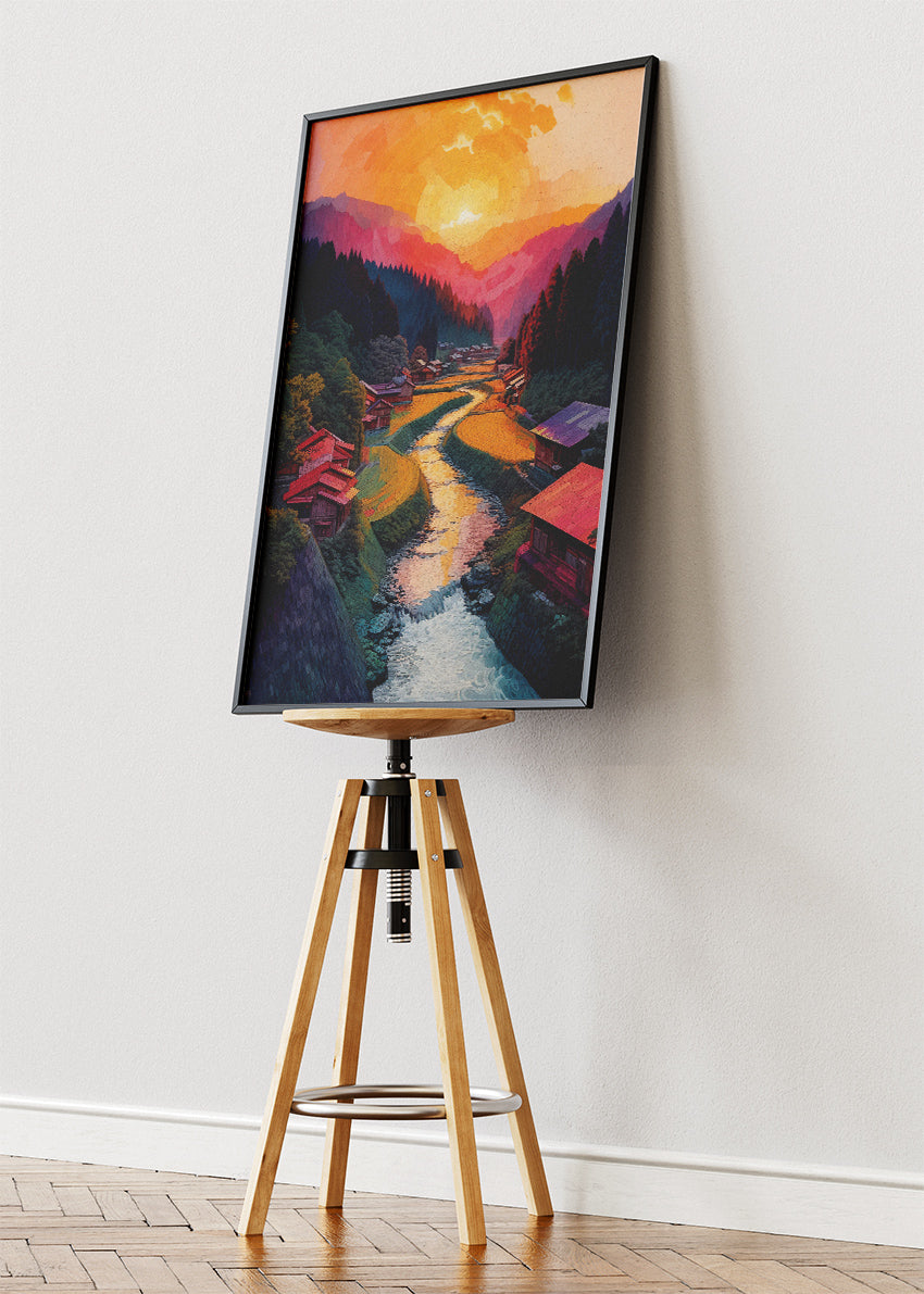 Golden Valley Village Sunset – Scenic River Landscape Canvas & Poster Print – AI PRINT LAB