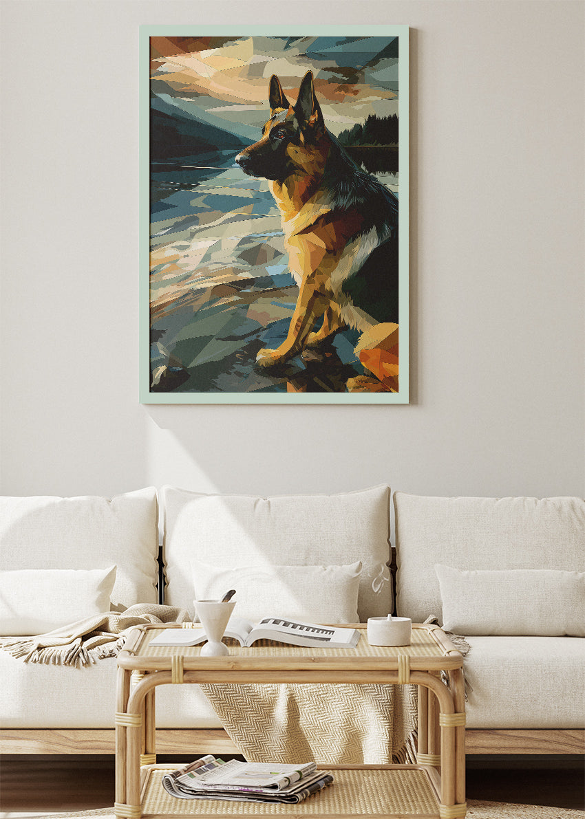 German Shepherd Lake Wall Art Poster & Canvas Print – Modern Geometric Dog Illustration