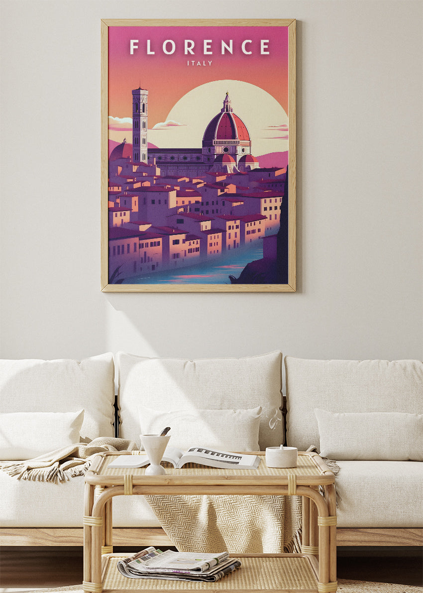 Florence Italy Pink Sunset Skyline Poster & Canvas Print – Duomo Cathedral Illustrated Wall Art