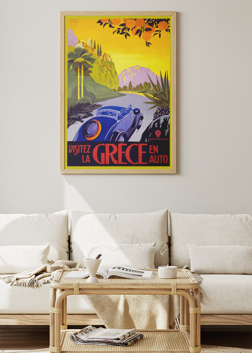 Vintage Greece Car Journey Poster & Canvas Print – Retro Scenic Road Travel Art