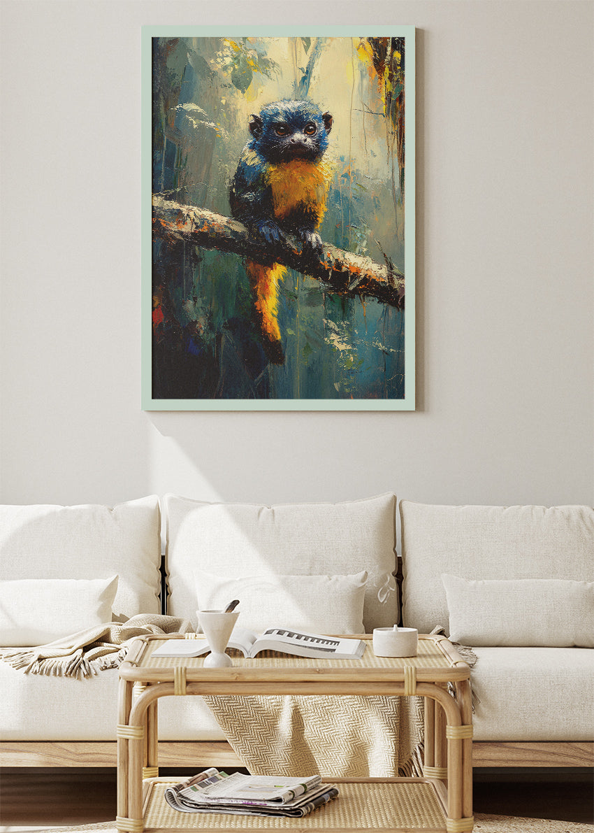 Cute Blue-and-Gold Forest Monkey Poster & Canvas Print – Colorful Wildlife Art