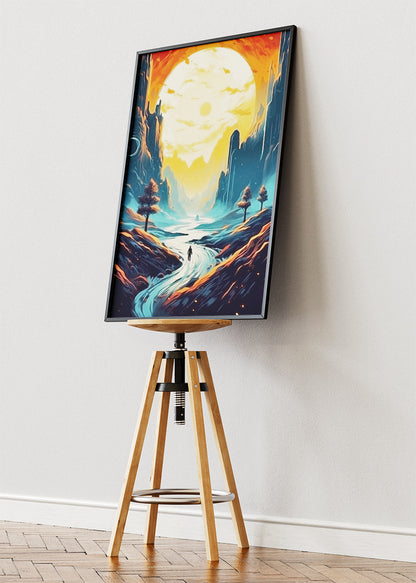 Surreal Canyon Path Under Giant Sun – Fantasy Landscape Wall Art Poster & Canvas – AI PRINT LAB