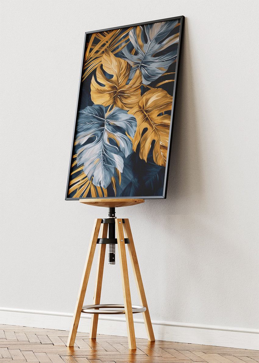 Gold and Blue Tropical Leaf Wall Art – Luxury Monstera Botanical Canvas Print & Modern Statement Poster for Living Room Decor UK