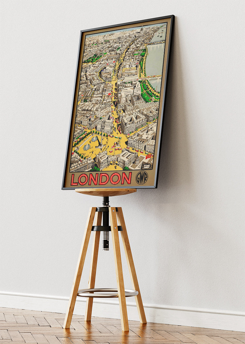 Vintage London City Map Poster & Canvas Print – Illustrated Aerial View Travel Art – A1005