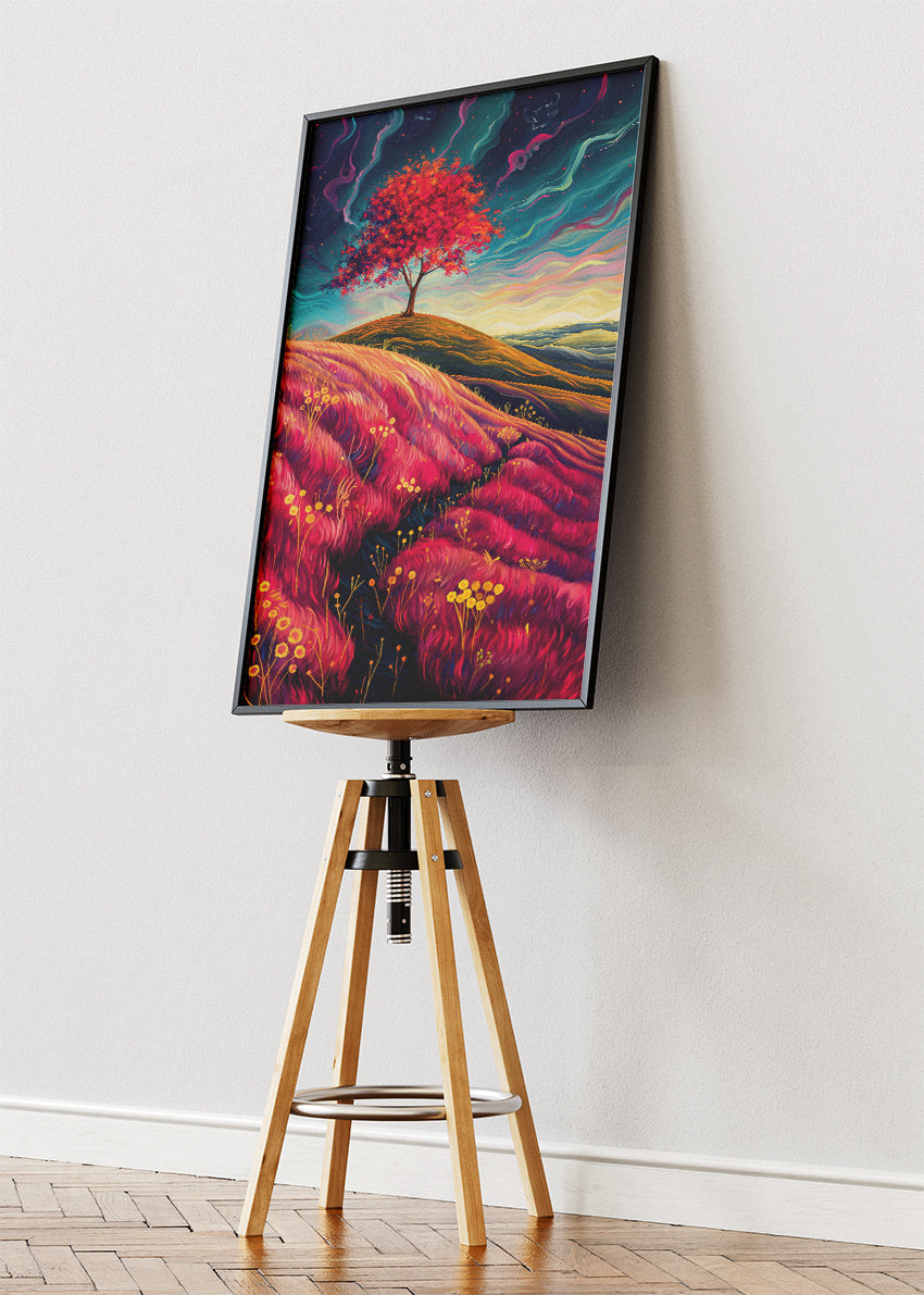Surreal Crimson Hills & Lone Tree – Vibrant Dreamscape Canvas & Poster Print – AI PRINT LAB