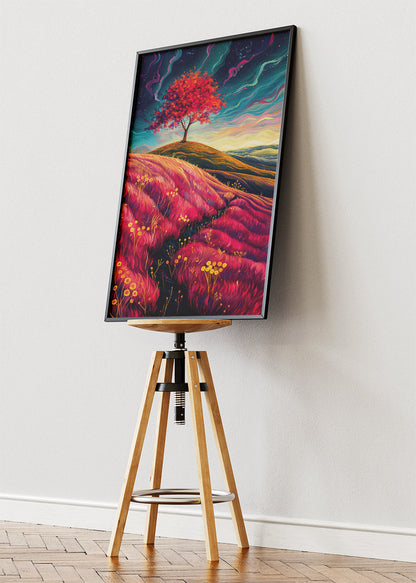 Surreal Crimson Hills & Lone Tree – Vibrant Dreamscape Canvas & Poster Print – AI PRINT LAB