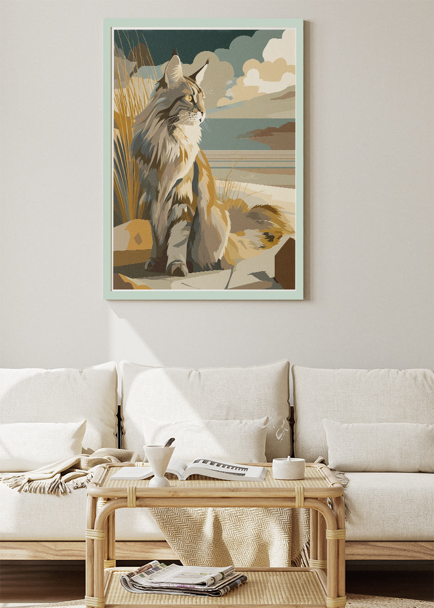 Long-Haired Cat Wall Art Poster & Canvas Print – Coastal Feline Illustration