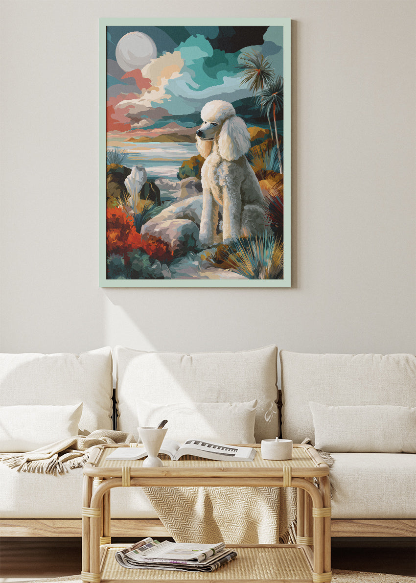 Poodle Coastal Landscape Wall Art Poster & Canvas Print – Elegant Dog Illustration