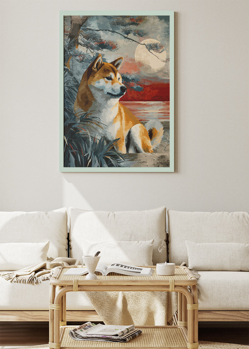Shiba Inu Moonlit Lakeside Wall Art Poster & Canvas Print – Serene Dog Illustration