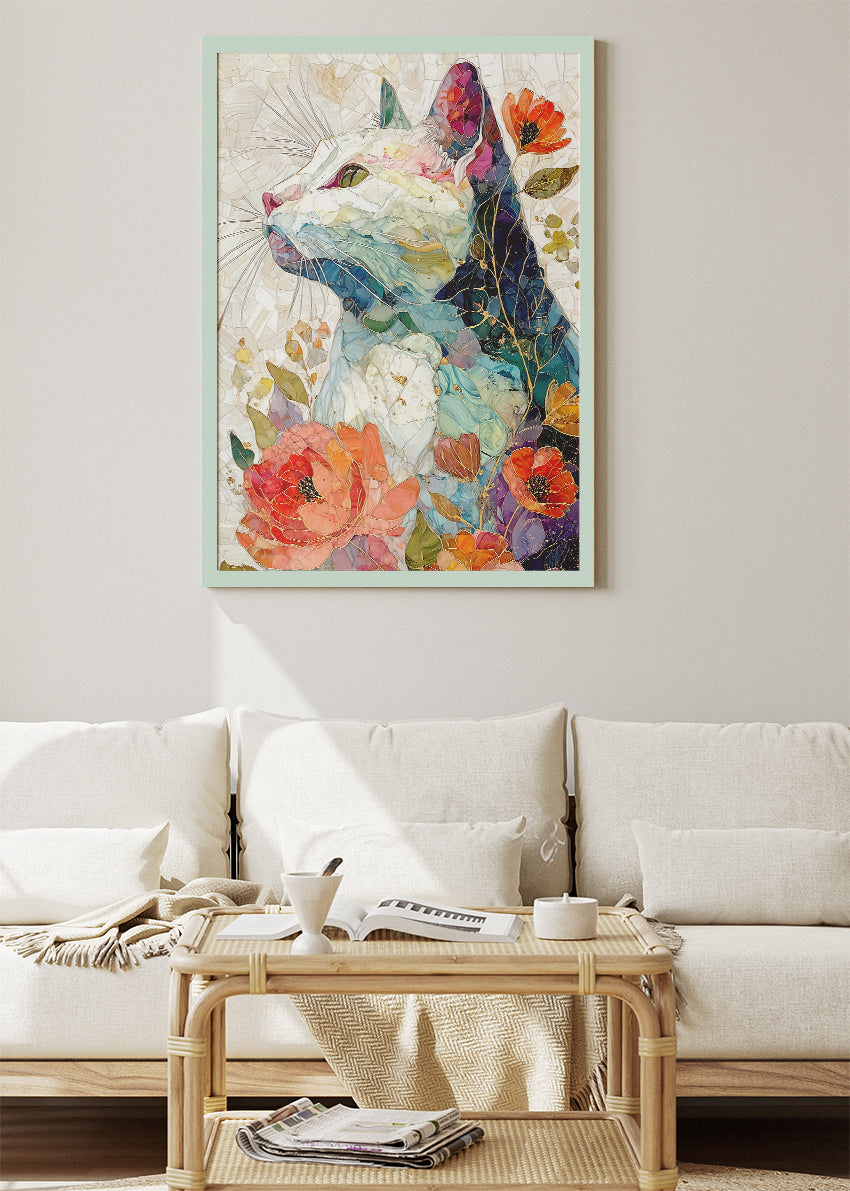 Floral Cat Mosaic Wall Art Poster & Canvas Print – Elegant Botanical Feline Illustration