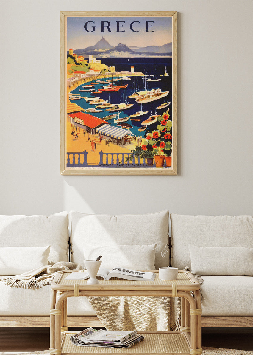 Greece Vintage Harbour Poster & Canvas Print – Athens Baie de Castella Retro Travel Art